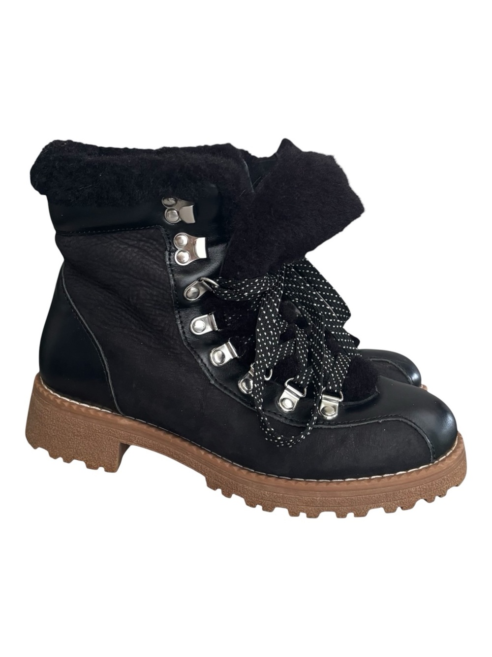 J Crew Nordic Black Faux Shearling Lace-Up Women's Boot in Black Leather Size 6M